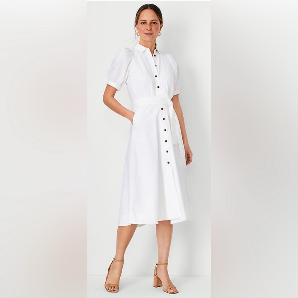 Women’s Ann Taylor White Button-Down Belted Linen Midi Dress - Picture 5 of 6